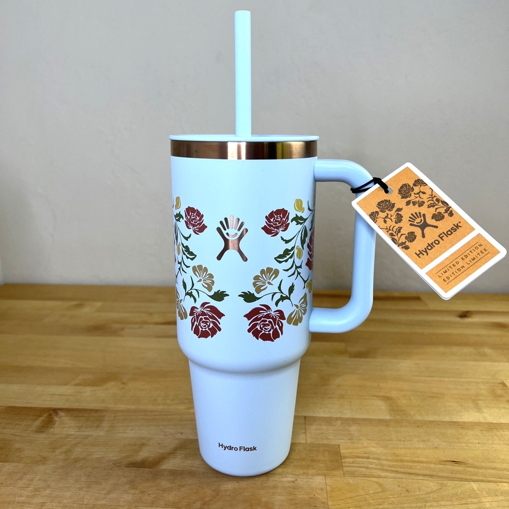 Hydro Flask 40oz Travel Tumbler Handle Straw Western Blue Floral Limited Edition
